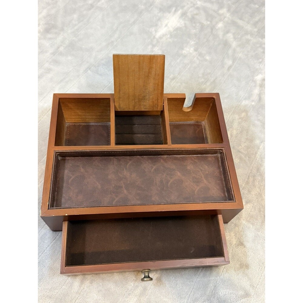 Wooden Jewelry Box Valet Key Storage Phone Caddy Single Drawer 11" x 8" x 3"